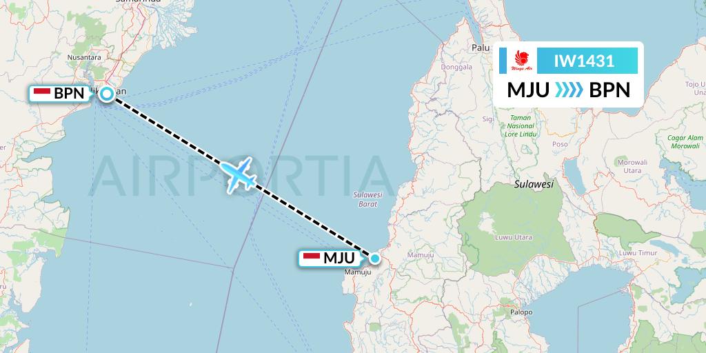 IW1431 Wings Air Flight Map: Mamuju-Celebes Island to Balikpapan