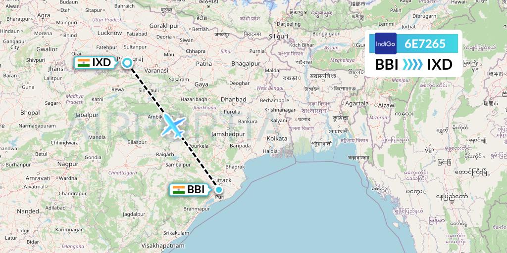 6E7265 IndiGo Airlines Flight Map: Bhubaneswar to Allahabad