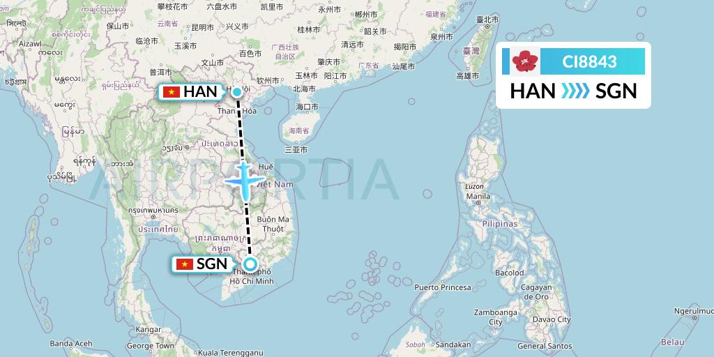 CI8843 China Airlines Flight Map: Hanoi to Ho Chi Minh City