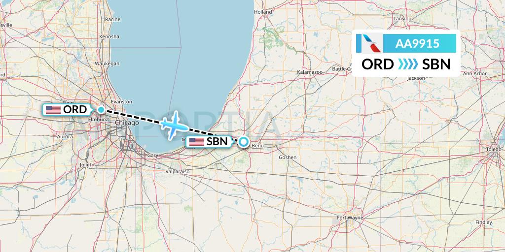 AA9915 American Airlines Flight Map: Chicago to South Bend