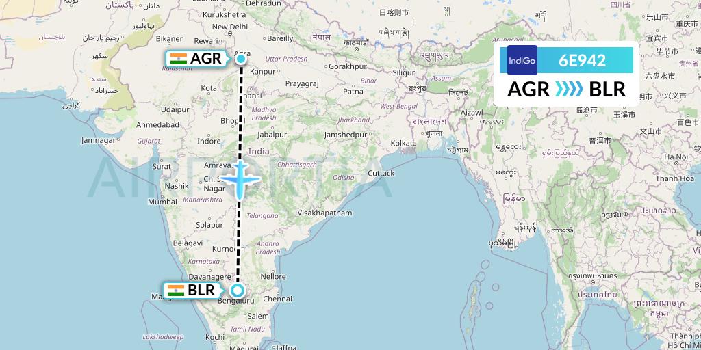 6E942 IndiGo Airlines Flight Map: Agra to Bangalore