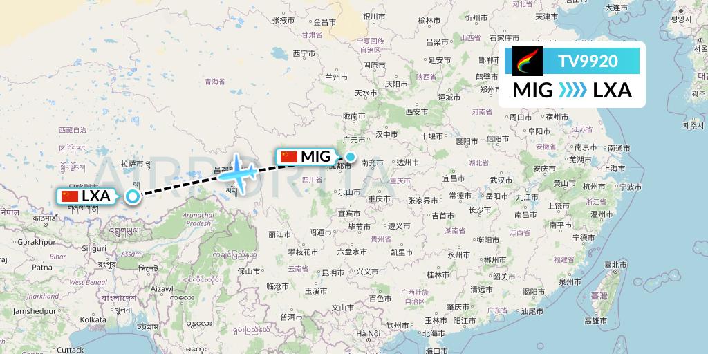 TV9920 Tibet Airlines Flight Map: Mianyang to Lhasa