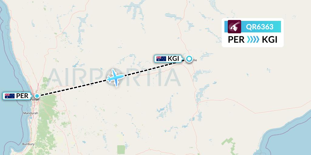 QR6363 Qatar Airways Flight Map: Perth to Kalgoorlie