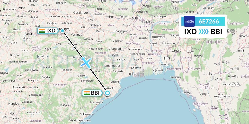 6E7266 IndiGo Airlines Flight Map: Allahabad to Bhubaneswar