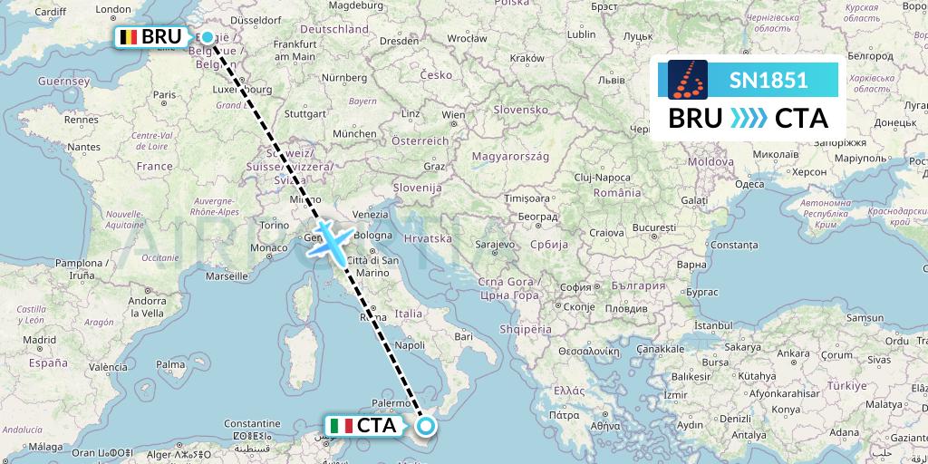 SN1851 Brussels Airlines Flight Map: Brussels to Catania