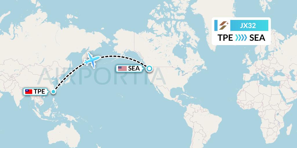 JX32 Starlux Airlines Flight Map: Taipei to Seattle