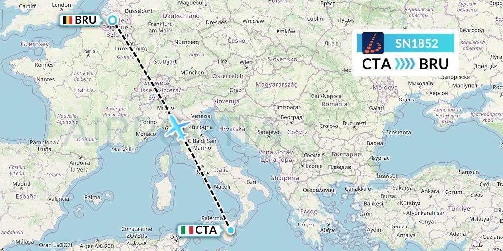 SN1852 Brussels Airlines Flight Map: Catania to Brussels