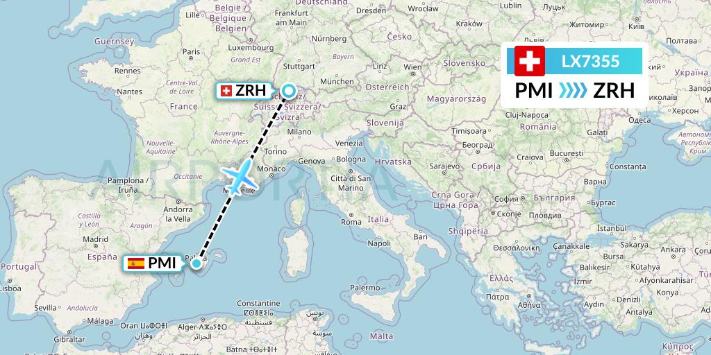 LX7355 Swiss Flight Map: Palma de Mallorca to Zurich