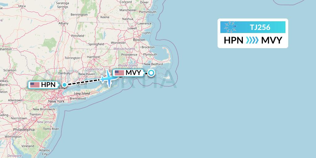 TJ256 Tradewind Aviation Flight Map: White Plains to Martha's Vineyard
