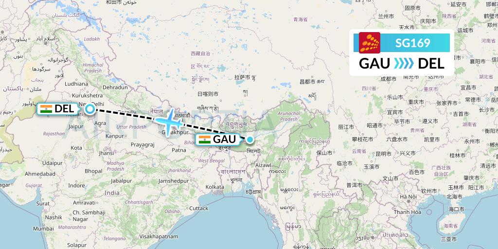 SG169 SpiceJet Flight Map: Guwahati to Delhi