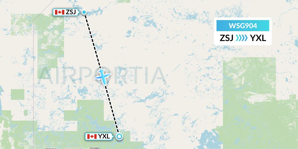 WSG904 Wasaya Airways Flight Map: Sandy Lake to Sioux Lookout