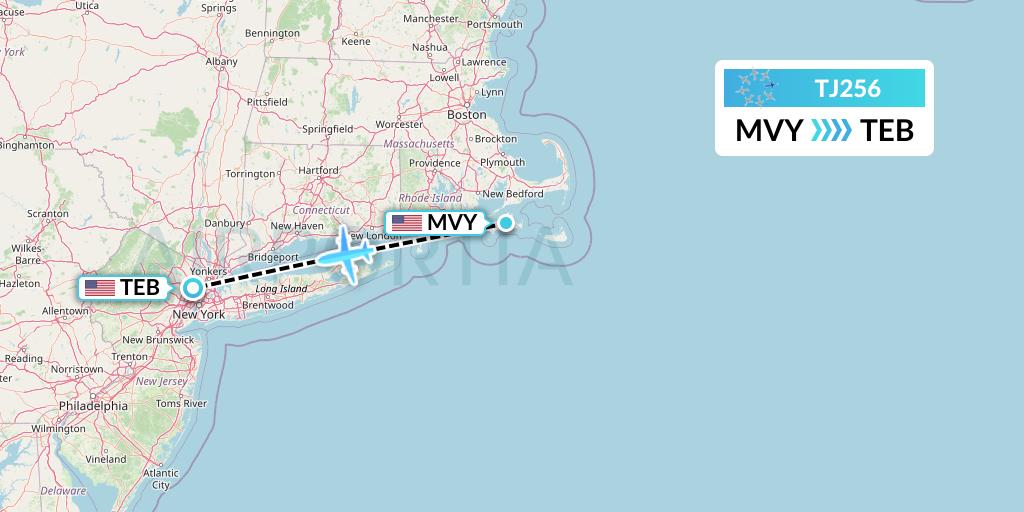 TJ256 Tradewind Aviation Flight Map: Martha's Vineyard to Teterboro