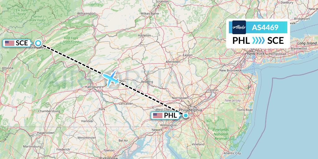 AS4469 Alaska Airlines Flight Map: Philadelphia to State College