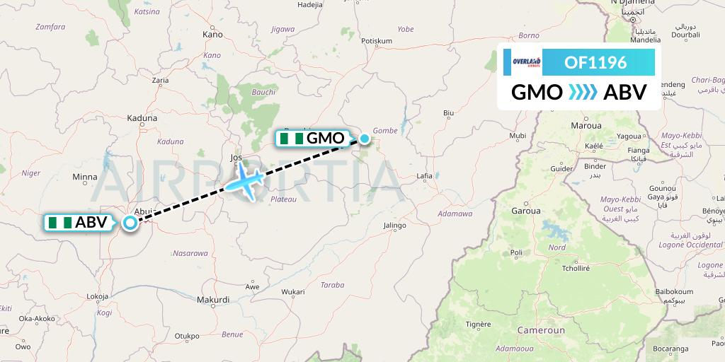 OF1196 Overland Airways Flight Map: Gombe to Abuja