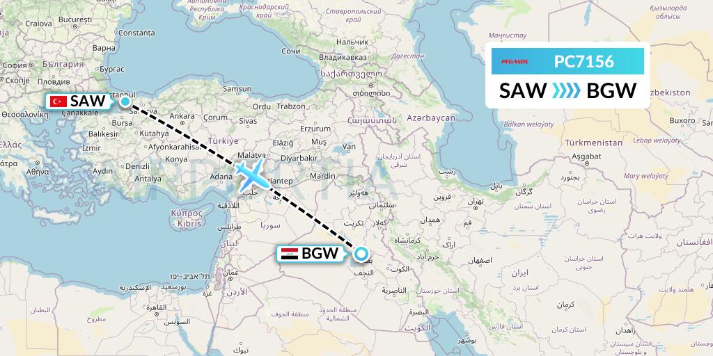 PC7156 Pegasus Airlines Flight Map: Istanbul to Baghdad