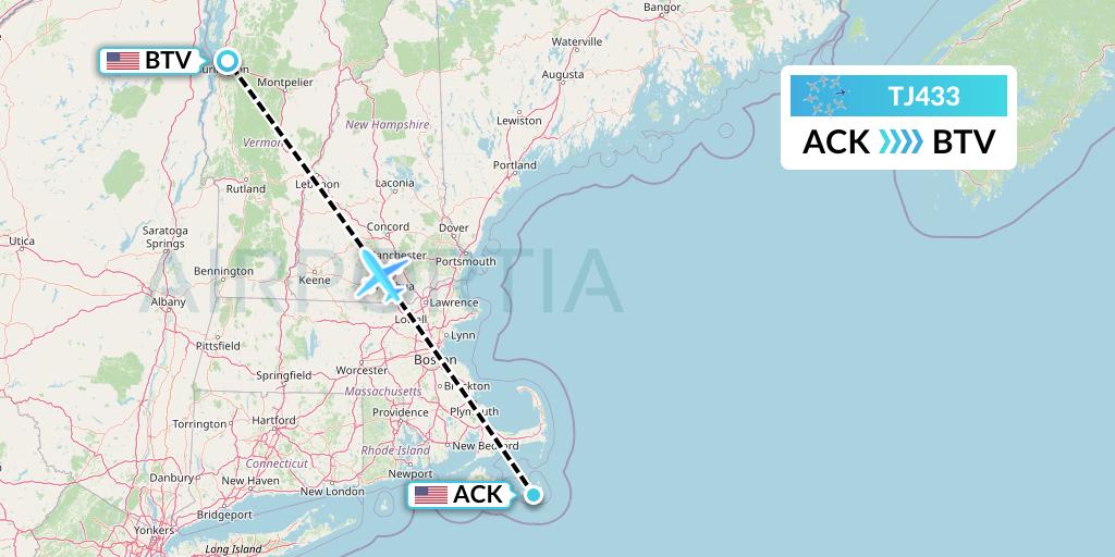 TJ433 Tradewind Aviation Flight Map: Nantucket to Burlington