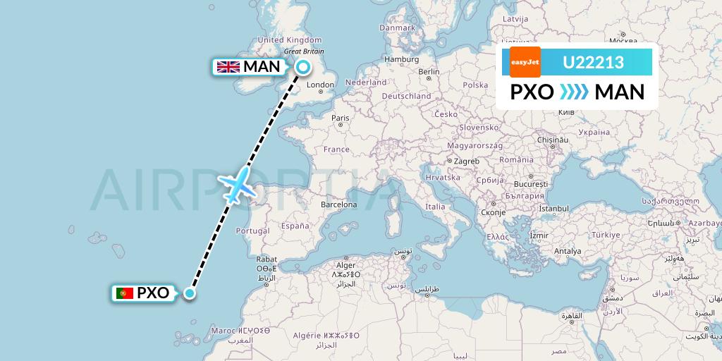 U22213 EasyJet Flight Map: Porto Santo to Manchester