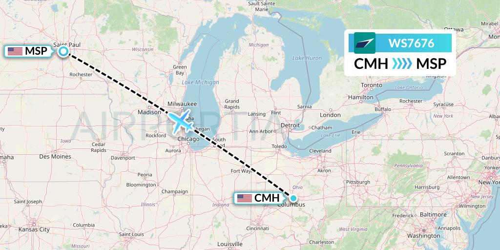 WS7676 WestJet Flight Map: Columbus to Minneapolis