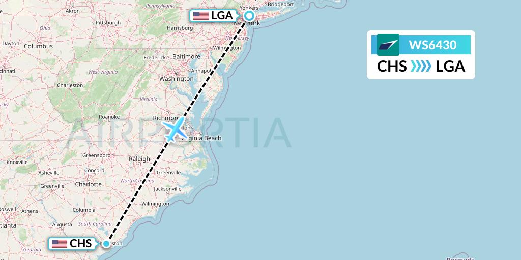 WS6430 WestJet Flight Map: Charleston to New York