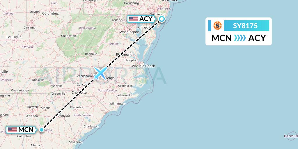 SY8175 Sun Country Airlines Flight Map: Macon to Atlantic City