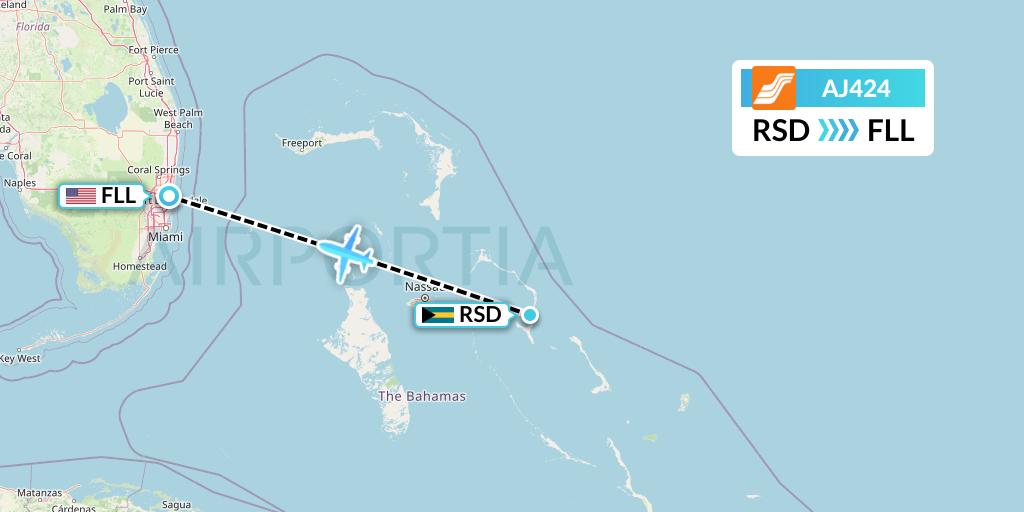 AJ424 Aztec Airways Flight Map: Rock Sound to Fort Lauderdale