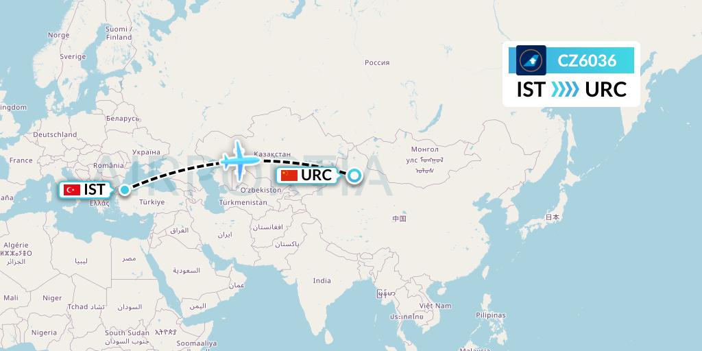 CZ6036 China Southern Airlines Flight Map: Istanbul to Urumqi