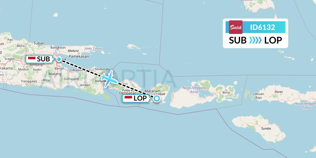 ID6132 Batik Air Flight Map: Surabaya to Lombok