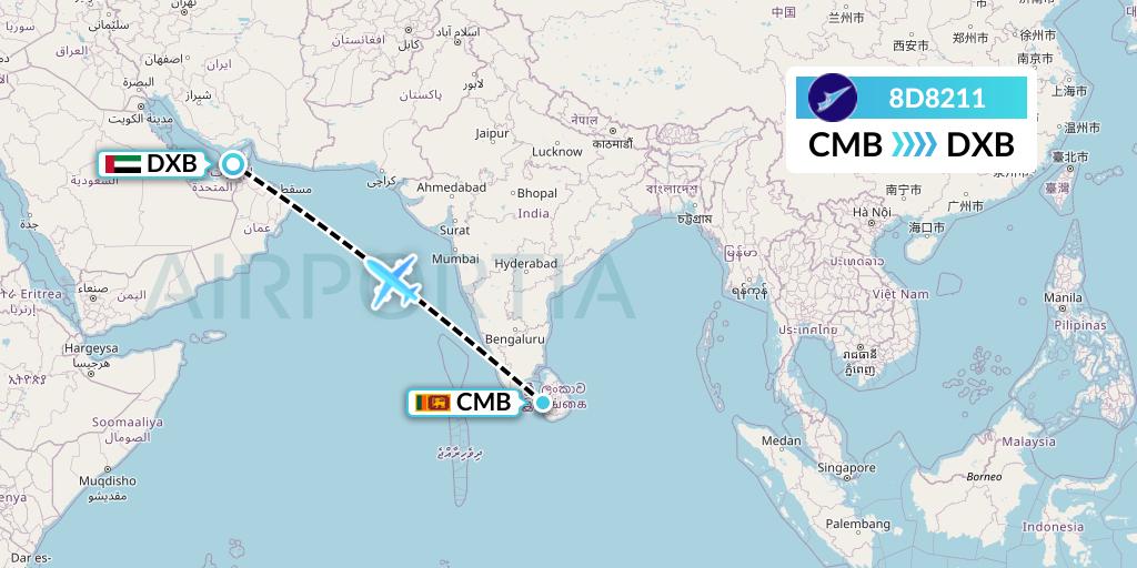 8D8211 FitsAir Flight Map: Colombo to Dubai