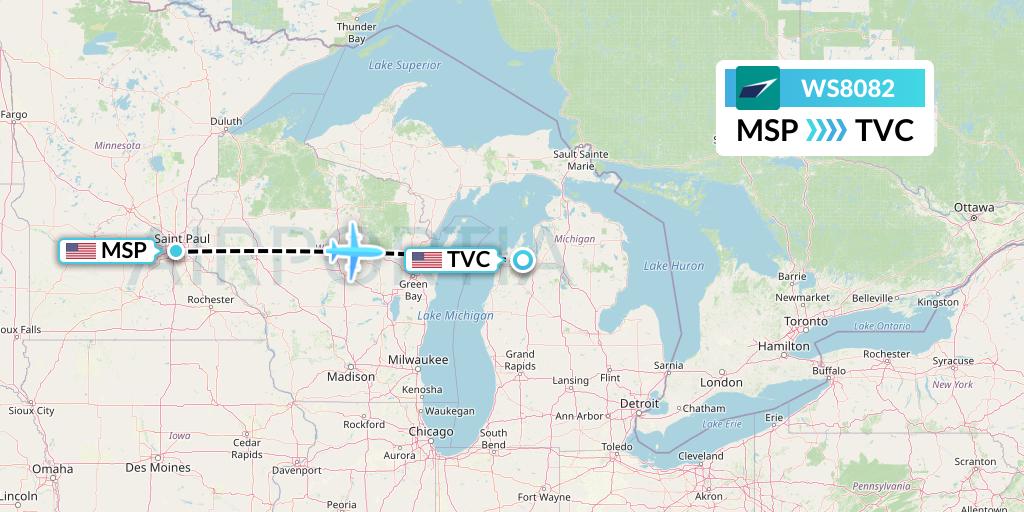 WS8082 WestJet Flight Map: Minneapolis to Traverse City