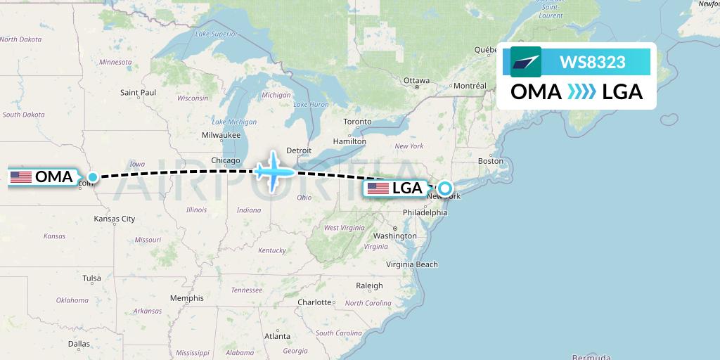 WS8323 WestJet Flight Map: Omaha to New York