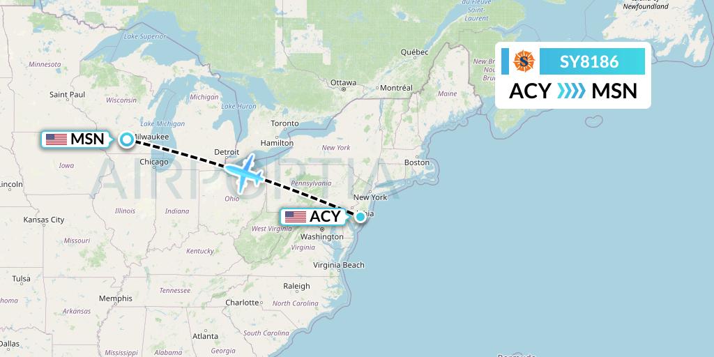 SY8186 Sun Country Airlines Flight Map: Atlantic City to Madison