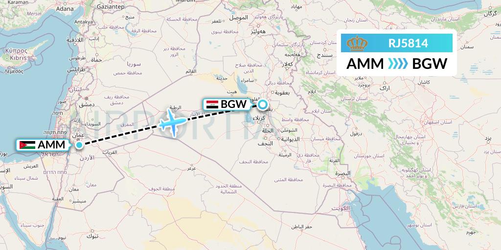 RJ5814 Royal Jordanian Flight Map: Amman to Baghdad