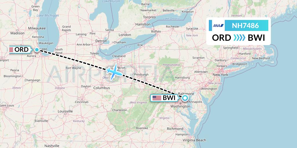 NH7486 All Nippon Airways Flight Map: Chicago to Baltimore
