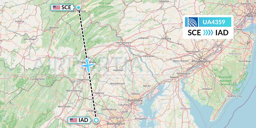 UA4359 United Airlines Flight Map: State College to Washington