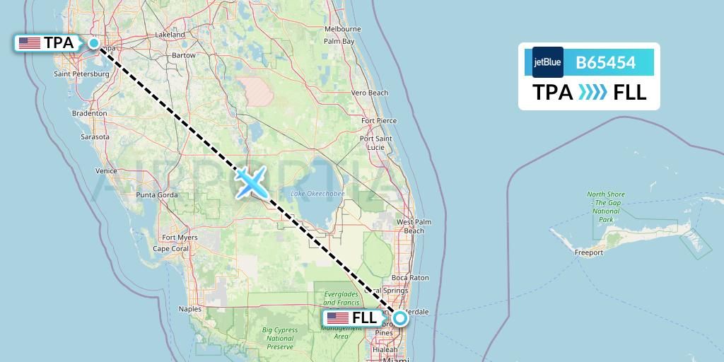 B65454 JetBlue Airways Flight Map: Tampa to Fort Lauderdale