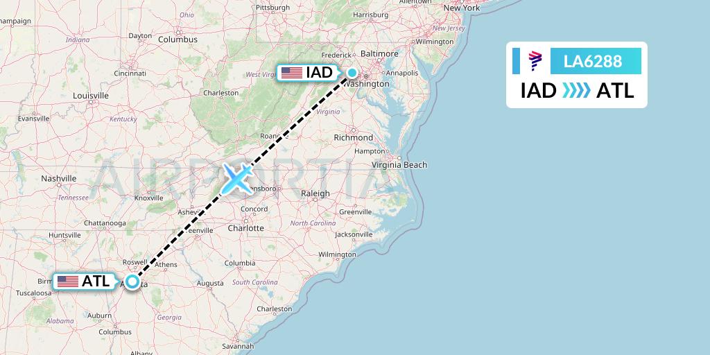 LA6288 LAN Airlines Flight Map: Washington to Atlanta