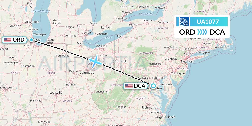 UA1077 United Airlines Flight Map: Chicago to Washington