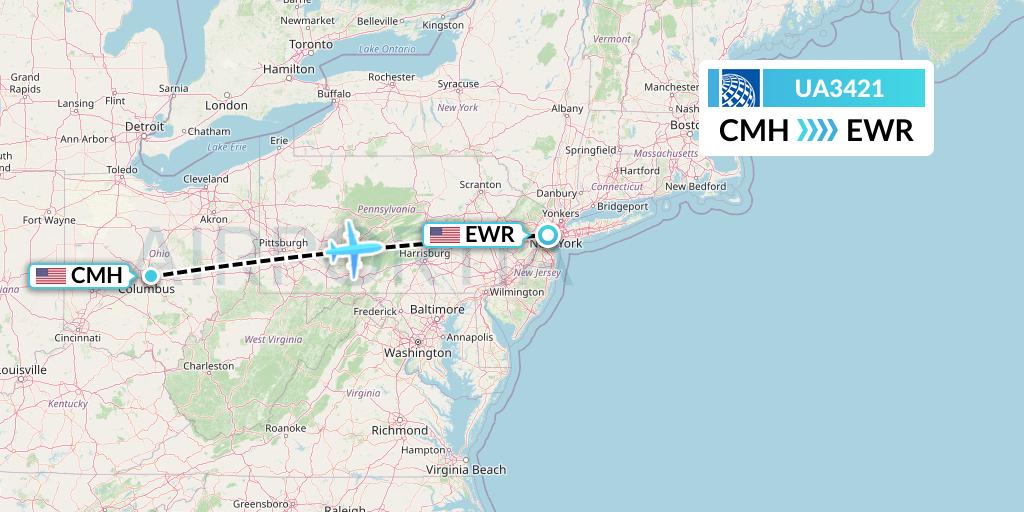 UA3421 United Airlines Flight Map: Columbus to New York