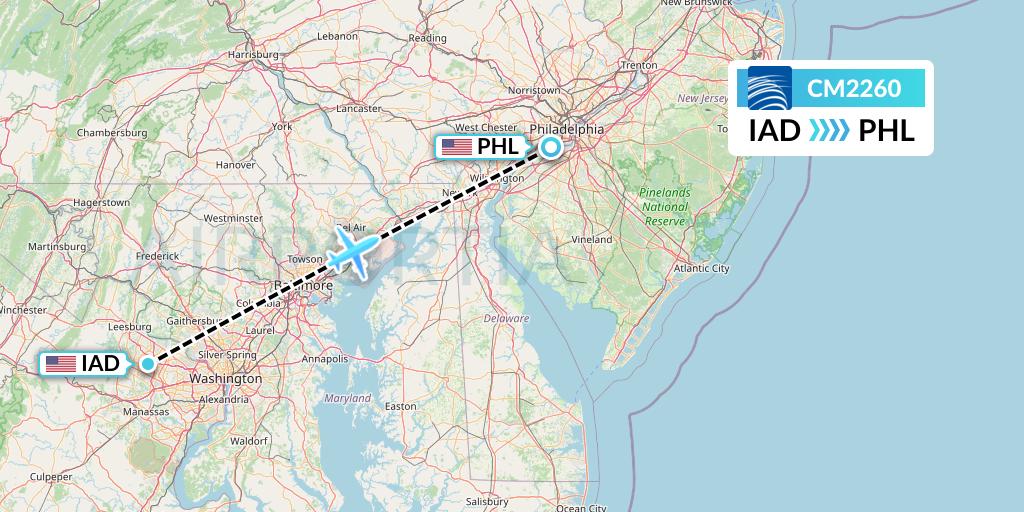 CM2260 Copa Airlines Flight Map: Washington to Philadelphia