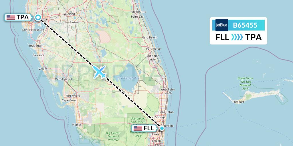 B65455 JetBlue Airways Flight Map: Fort Lauderdale to Tampa