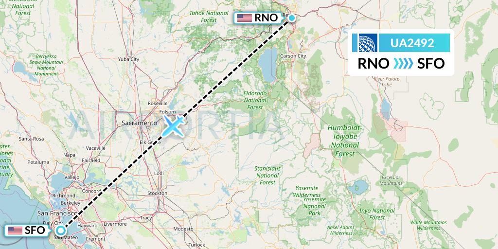 UA2492 United Airlines Flight Map: Reno to San Francisco
