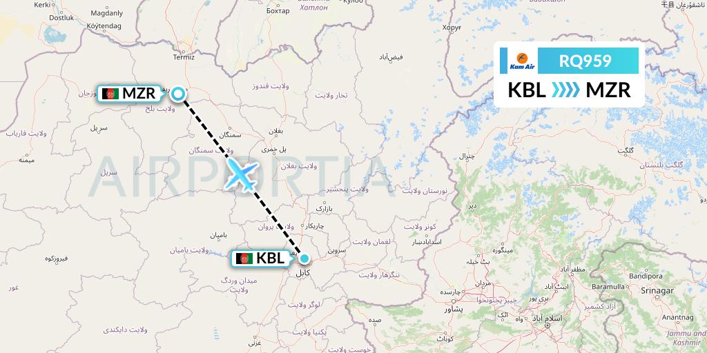 RQ959 Kam Air Flight Map: Kabul to Mazar-I-Sharif