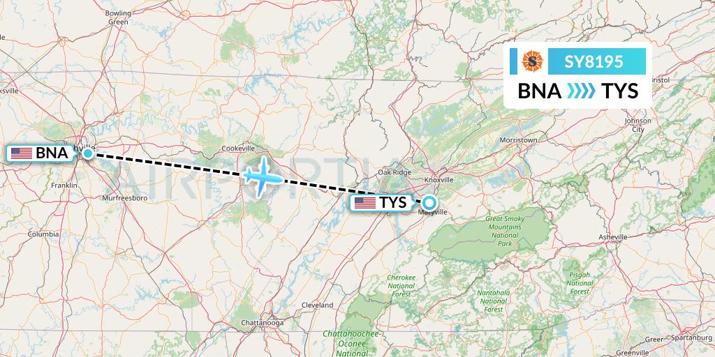 SY8195 Sun Country Airlines Flight Map: Nashville to Knoxville