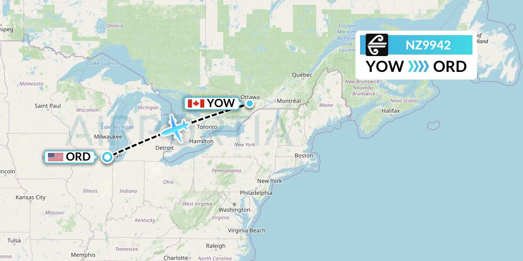 NZ9942 Air New Zealand Flight Map: Ottawa to Chicago