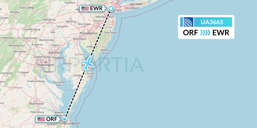 UA3665 United Airlines Flight Map: Norfolk to New York