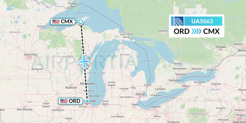 UA5063 United Airlines Flight Map: Chicago to Hancock