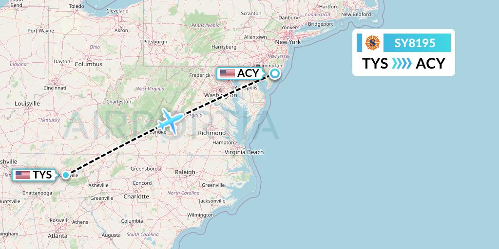 SY8195 Sun Country Airlines Flight Map: Knoxville to Atlantic City