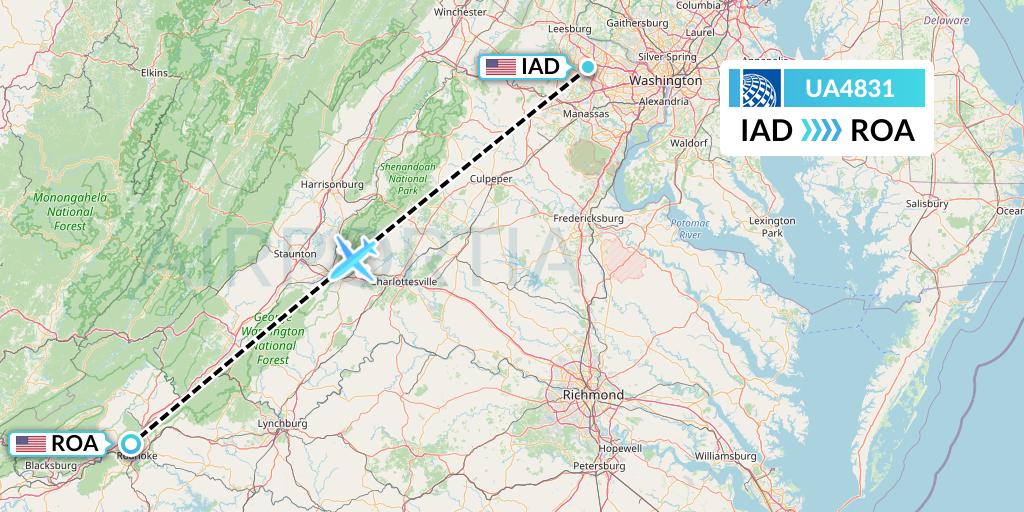 UA4831 United Airlines Flight Map: Washington to Roanoke