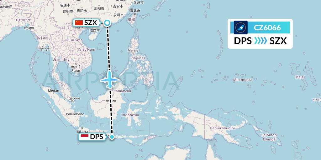 CZ6066 China Southern Airlines Flight Map: Denpasar to Shenzhen