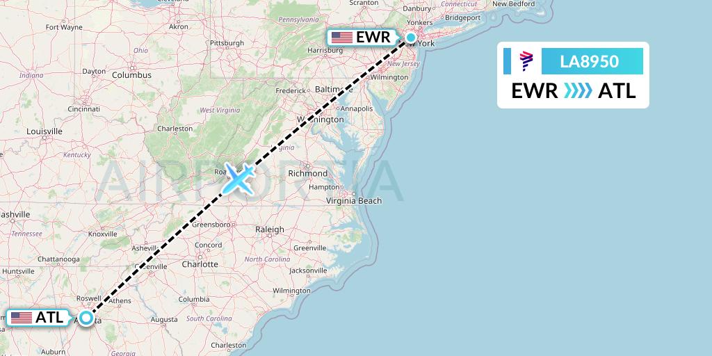 LA8950 LAN Airlines Flight Map: New York to Atlanta
